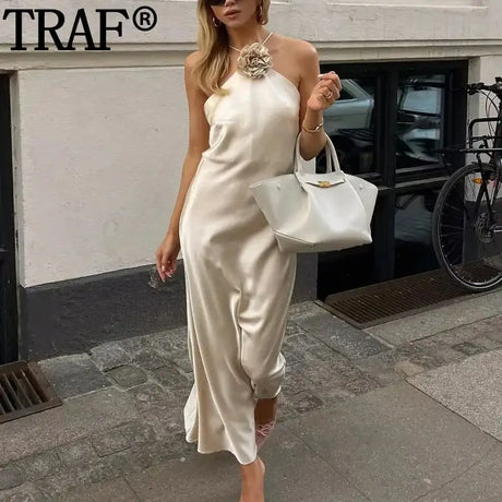TRAF Flower Satin Long Dress Women Off Shoulder Halter Backless Dress Woman Summer Elegant Party Dresses Sexy Evening Dresses - Lootquake