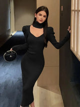YuooMuoo Chic Fashion Elegant Knitted Long Dress with Neck Scarf 2024 Autumn Winter Ribbed Office Lady Bodycon Sweater Vestidos - Lootquake