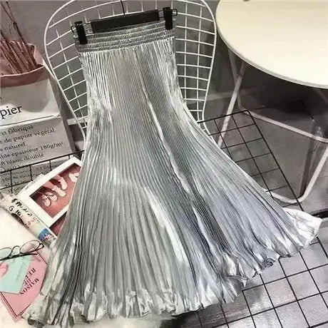 High-Waisted Vintage A- Line Accordion Skirt European Style Pleated Dress Metal Color Wide Hemline Long Dress For Women - Lootquake