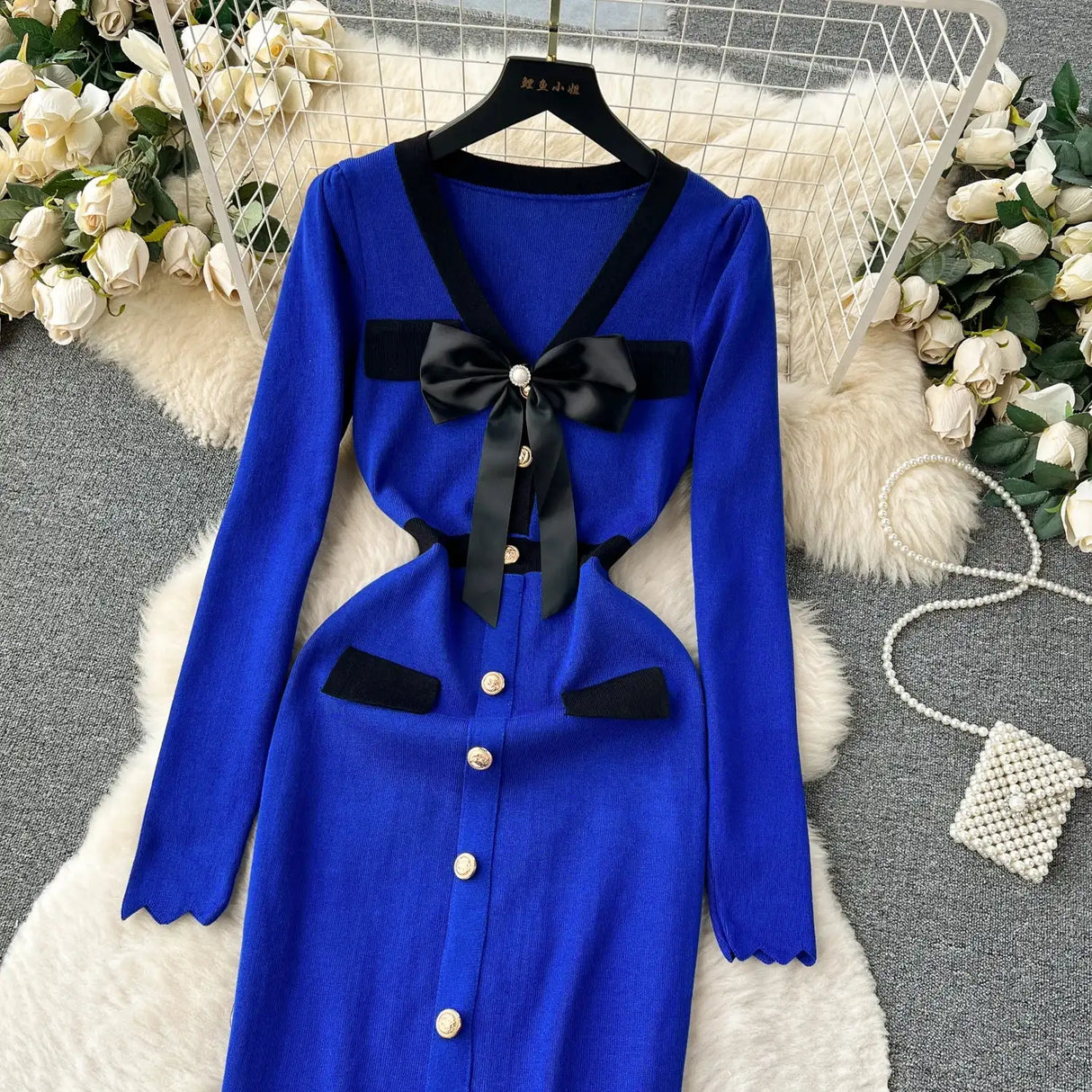 SINGREINY Office Lady Sweater Long Dress 2023 Bow Single Breasted Elastic Split Women Autumn Dress Fashion Senior Knitted Dress