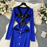 SINGREINY Office Lady Sweater Long Dress 2023 Bow Single Breasted Elastic Split Women Autumn Dress Fashion Senior Knitted Dress