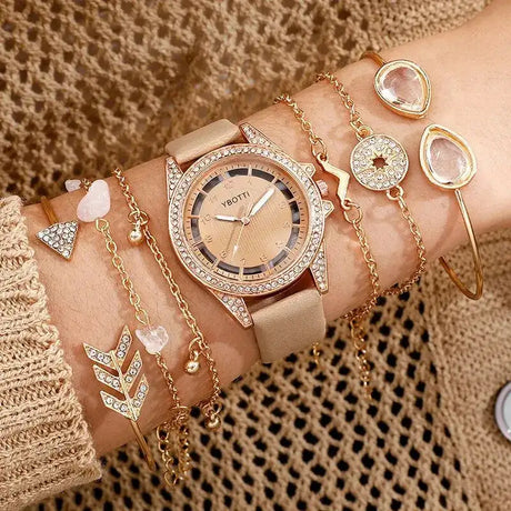 Women's Fashion Quartz Watch Luxury Khaki Leather Band Analog WristWatch Ladies Watch Women Dress Bracelet Set Reloj Mujer Clock - Lootquake