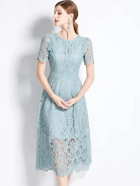 SMTHMA Vintage High-End O-Neck Short Sleeve Lace Hollow Out Dress For Women's Summer Slim Elegant Long Dress Female Clothing - Lootquake