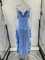 2025 Summer Women Long Dress Blue Solid V-neck Backless Irregular Sexy Slip Dresses Female Fashion Holiday Beach Clothes Ladies - Lootquake