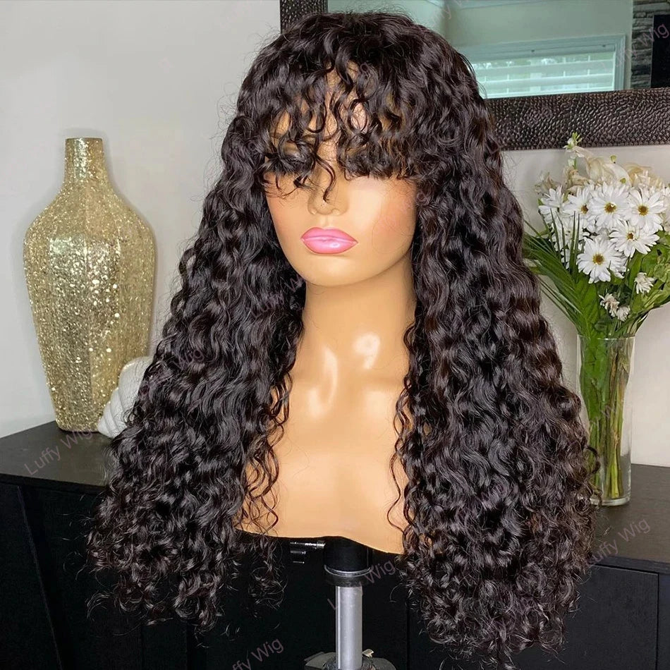 30 Inch Loose Water Wave Wig with Bangs | Full Machine Made Brazilian Remy Human Hair (Natural, All Colors Dyeable)