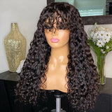 30 Inch Loose Water Wave Wig with Bangs | Full Machine Made Brazilian Remy Human Hair (Natural, All Colors Dyeable)