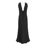 Y2K Chic Women Lace Trim Long Dress 90s Vintage Sexy V Neck Tie Up Backless Bodycon Elegant Lady Club Party Night Cocktail Dress