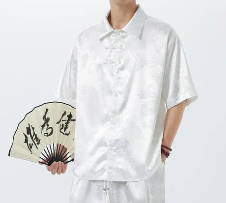 M-5XL Plus Size Men Kung Fu Shirt Hot Chinese Traditional Men's Casual Top Dragon Pattern Short Sleeve Summer Clothing for Male - Lootquake