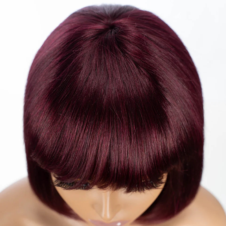 99J Burgundy Short Straight Bob Wig with Bangs | Full Machine Made Human Hair