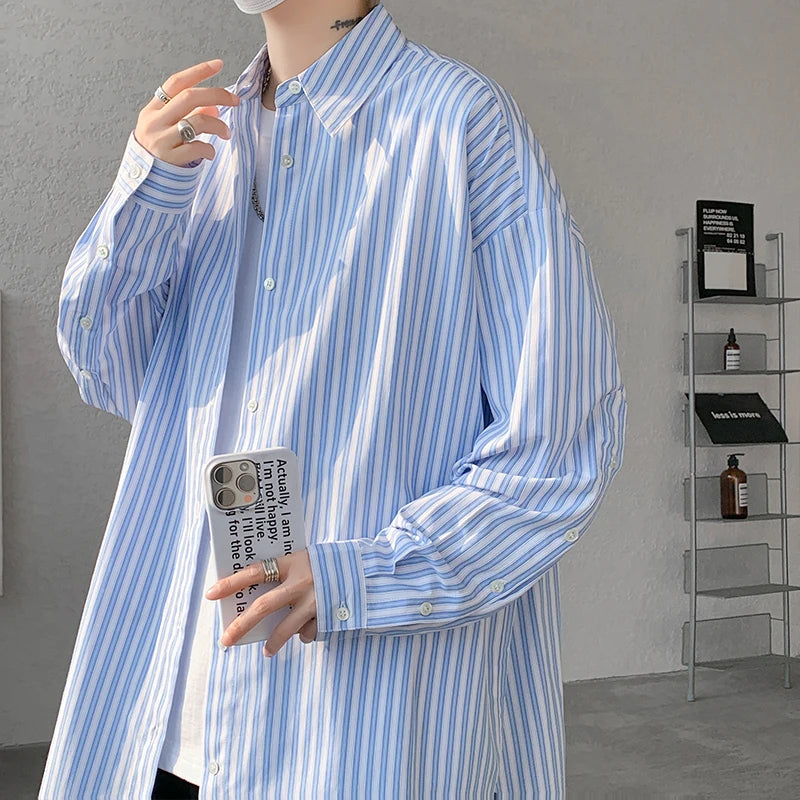 Camisa de rayas azules para hombre, camisa de vestir de la Sociedad de la Moda para hombre, camisa coreana holgada de manga larga, camisas casuales para hombre, talla grande 5XL