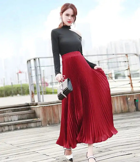 High-Waisted Vintage A- Line Accordion Skirt European Style Pleated Dress Metal Color Wide Hemline Long Dress For Women - Lootquake
