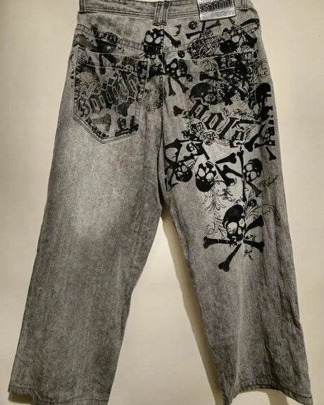 2023 New American Harajuku retro skull print straight high waist Y2K women's washed grey jeans Streetwear Gothic wide trousers - Lootquake