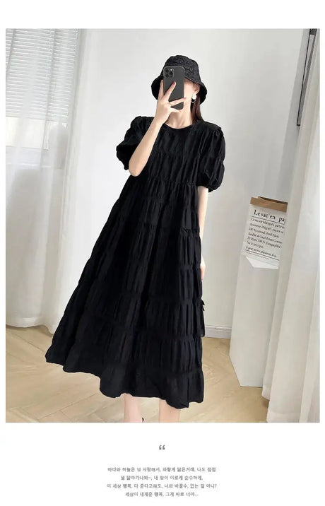 2025 Summer Maternity Pleated Dress Solid Color Loose Pregnant Woman Long Dress Short Sleeve Plus Size Pregnancy Ball Gown Dress - Lootquake