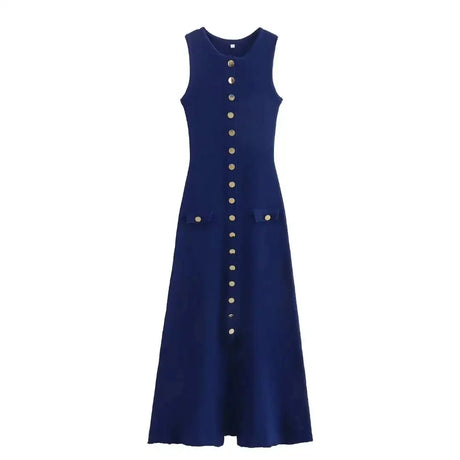 TRAFZA Women Elegant Solid Sleeveless Knitted Long Dress Fashion Single Breasted O Neck Dresses Female Chic Slim Midi Tank Dress - Lootquake