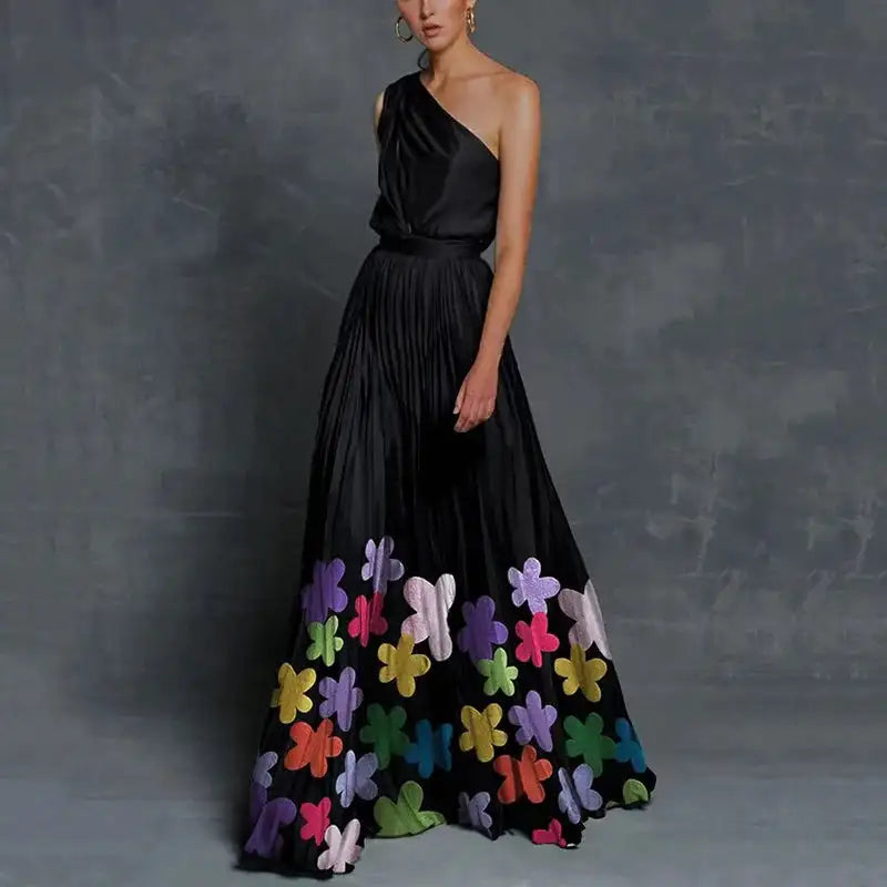 Vestidos de un solo hombro para mujer, primavera y verano 2024, con estampado de empalme y hombros descubiertos, sueltos, largos, a la moda, para ir al trabajo