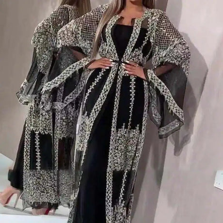 Elegant Women Glitter Flared Long Sleeve Long Dress Vintage French Evening Dress Sexy Ladies Mesh Patchwork Split Party Dresses - Lootquake