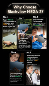 Tablettes Blackview MEGA 2 12 pouces 2K écran Widevine L1 24 Go (8 + 16) Android 15 256 Go 9000 mAh AI caméra principale Pad PC