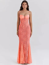 Mozision Floral Lace Sexy Maxi Dress For Women Orange Spaghetti Strap Sleeveless Backless Bodycon Club Party Long Dress Elegant - Lootquake