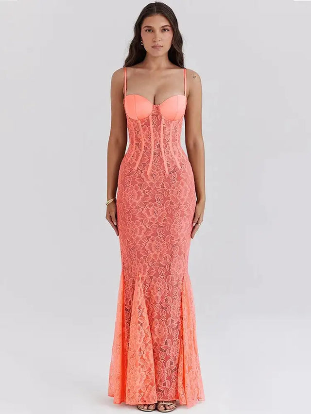 Mozision Floral Lace Sexy Maxi Dress For Women Orange Spaghetti Strap Sleeveless Backless Bodycon Club Party Long Dress Elegant - Lootquake