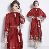Spring Holiday Print Long Dress For Women Fashion Loose Lantern Sleeve Party Robe Female Big Swing Tassels Belt Pleated Clothes