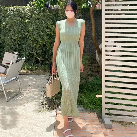 Summer High Quality Korean Simple Hollow Out Vest Knit Sweater Dress Women Japanese Gentle V-Neck Slim Elastic Knit Long Dress - Lootquake