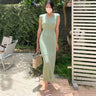 Summer High Quality Korean Simple Hollow Out Vest Knit Sweater Dress Women Japanese Gentle V-Neck Slim Elastic Knit Long Dress - Lootquake