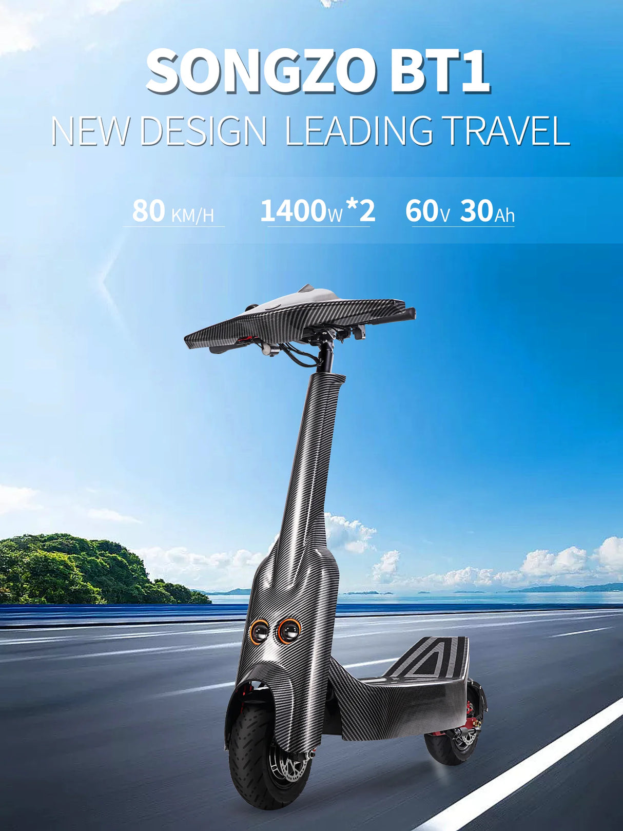 Patinete eléctrico SONGZO BT1 con motor potente de 5600 W, batería de 60 V, 30 Ah, 16850 celdas, plegable, sin cámara, silencioso, para carretera