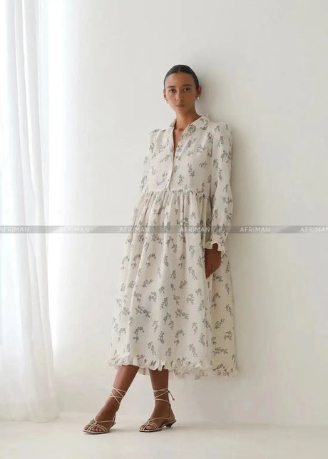 2025 New 100% Linen Flower Print Long Sleeve Tie Up Waist Loose Long Dress - Lootquake