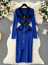 SINGREINY Office Lady Sweater Long Dress 2023 Bow Single Breasted Elastic Split Women Autumn Dress Fashion Senior Knitted Dress