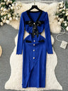 SINGREINY Office Lady Sweater Long Dress 2023 Bow Single Breasted Elastic Split Women Autumn Dress Fashion Senior Knitted Dress
