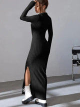 2024 Spring/Summer Knitted Dress Slim Fit Fashion Casual Women's Lapel Long sleeved Dress Concave Stripe Solid Color Long Dress - Lootquake