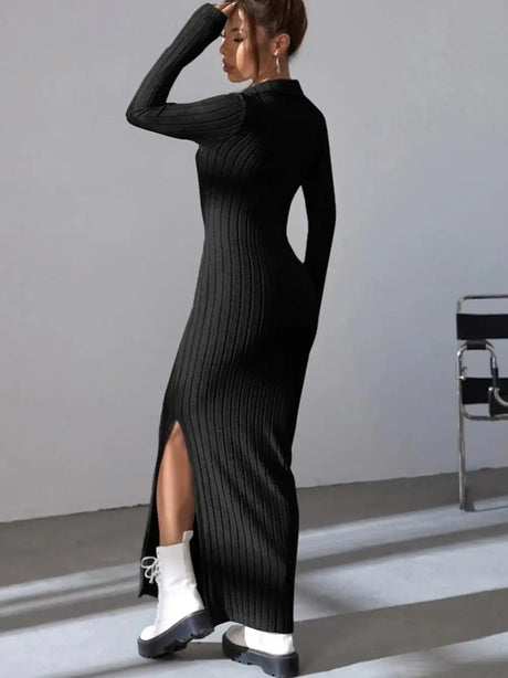 2024 Spring/Summer Knitted Dress Slim Fit Fashion Casual Women's Lapel Long sleeved Dress Concave Stripe Solid Color Long Dress - Lootquake