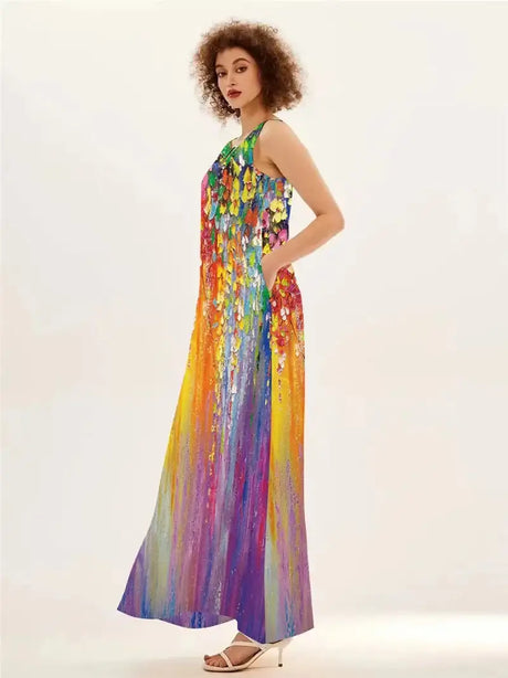 Rainbow Gradient Print Elegant Women's Dress 2024 Summer Sexy Sleeveless V-neck Evening Long Dress Women Casual Party Maxi Dress - Lootquake
