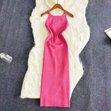 2024 Sexy Summer Knit Strap Dress Women Halter Elatic Waist Bodycon Sundress Female Beach Solid Maxi Long Dress - Lootquake