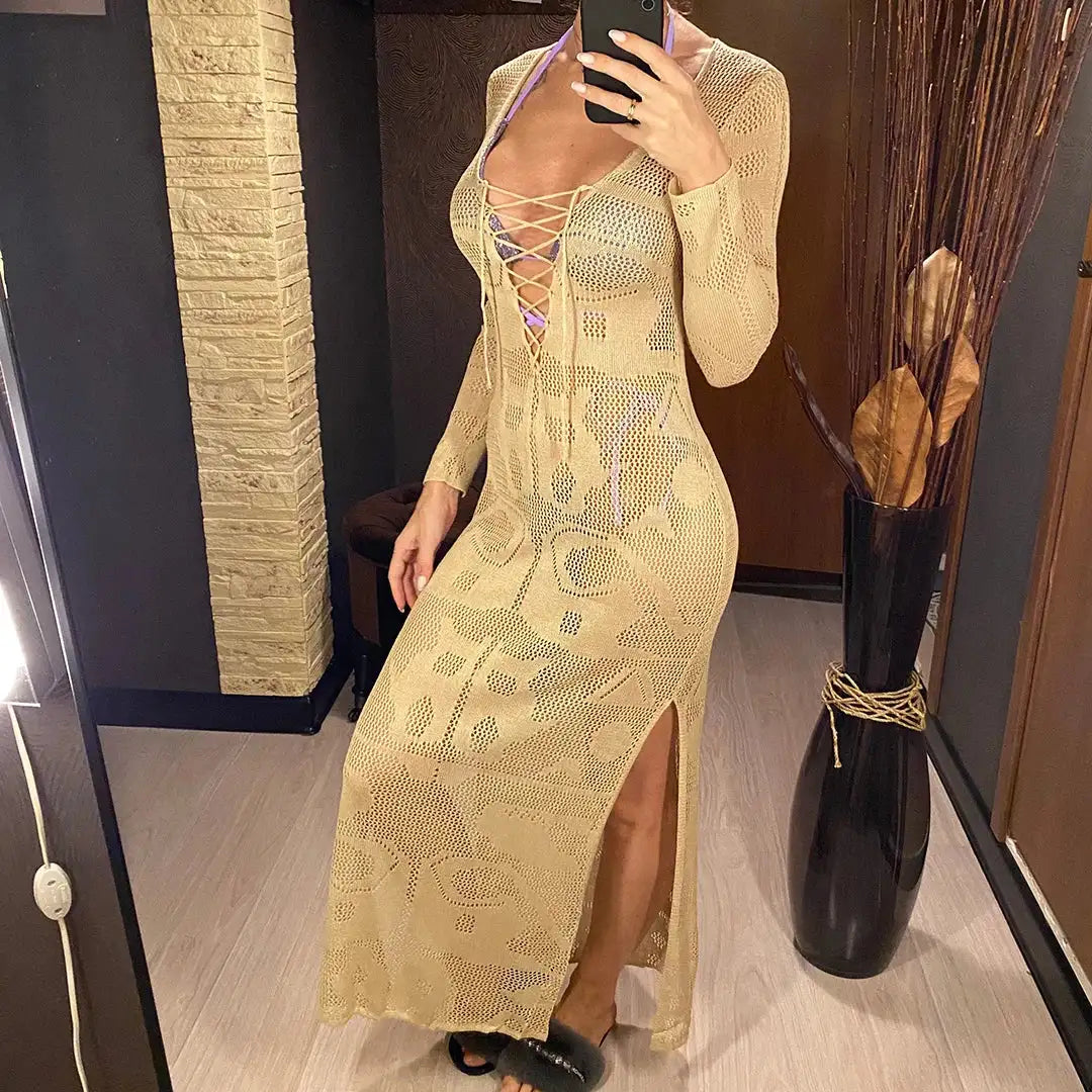 Deep V Dress Lace Up Long Sleeve Women Split Maxi Dress Crochet Knitted Tunic Mesh Sheer Sexy Bodycon Long Dress Vestido V4146B - Lootquake