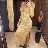 Deep V Dress Lace Up Long Sleeve Women Split Maxi Dress Crochet Knitted Tunic Mesh Sheer Sexy Bodycon Long Dress Vestido V4146B - Lootquake