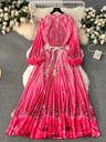 Spring Holiday Print Long Dress For Women Fashion Loose Lantern Sleeve Party Robe Female Big Swing Tassels Belt Pleated Clothes