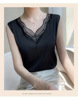 Nueva ropa de mujer, chaleco, camiseta sin mangas, traje de mujer, forro de encaje, verano 2024, nuevo top sin mangas de satén de seda, chalecos con tirantes