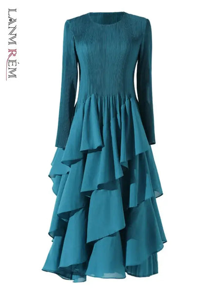 LANMREM Elegant Pleated Long Dress For Women Round Neck Long Sleeves Ruffles A-line Dresses Fashion 2025 Spring New 32C2026 - Lootquake