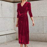 Elegante vestido largo de terciopelo liso para mujer, cuello en V, cruzado, manga larga, cintura alta, fruncido, con cordones, vestido de cumpleaños, vestido de noche sexy para fiesta