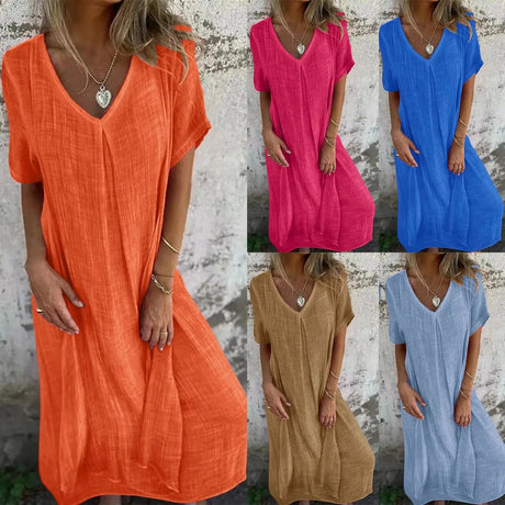 Cotton Linen Short Sleeve Loose Dress 2024 Summer Women's V-neck High Waist Long Dress Vintage Solid Color Straight Beach Dress - Lootquake