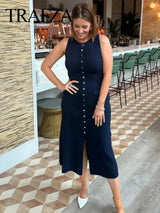 TRAFZA Women Elegant Solid Sleeveless Knitted Long Dress Fashion Single Breasted O Neck Dresses Female Chic Slim Midi Tank Dress - Lootquake