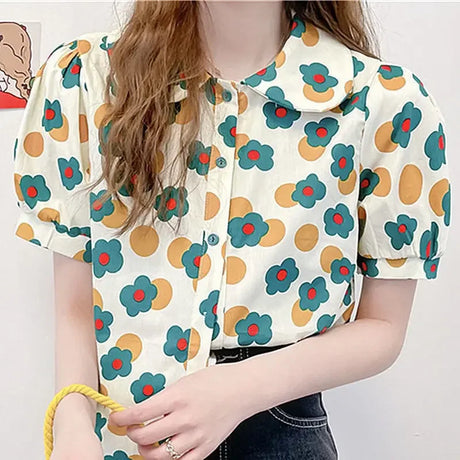 Women Summer Korean Casual Printing Chiffon Loose Polo-Neck Short Sleeve Blouse Women Clothes Sweet All-match Floral Top Tee - Lootquake