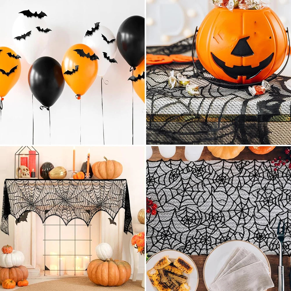 Halloween Decorations Set Spider Web Table Runner Fireplace Scarf Cover Tablecloth 3D Bats Wall Stickers Halloween Party Decor