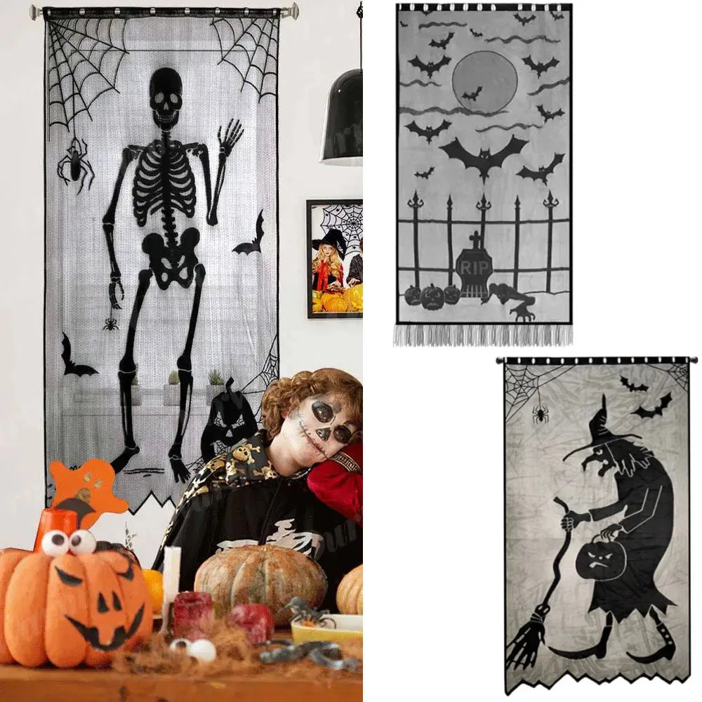 Halloween Window Decorations Halloween Door Curtain Skeleton & Bat Black Lace Panel for Haunted House Decor