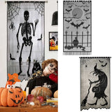 Halloween Window Decorations Halloween Door Curtain Skeleton & Bat Black Lace Panel for Haunted House Decor