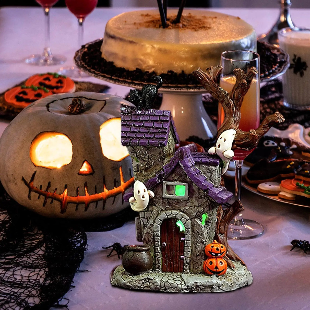 Haunted House Table Decor Glowing Halloween Decorations Resin with Ghost Table Ornament Figurines for Garage Fireplace Bathroom