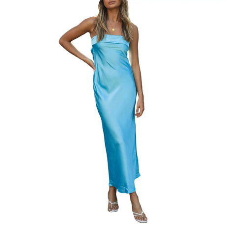 Women Summer Solid Color Party Strapless Dress Sleeveless Backless Elastic Strap Silk Surface Elegant Long Dress - Lootquake