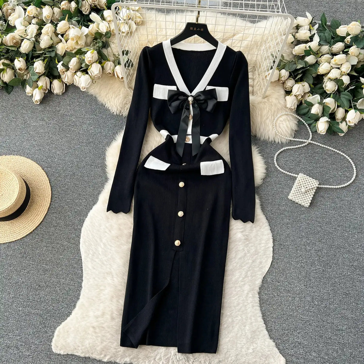 SINGREINY Office Lady Sweater Long Dress 2023 Bow Single Breasted Elastic Split Women Autumn Dress Fashion Senior Knitted Dress