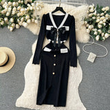 SINGREINY Office Lady Sweater Long Dress 2023 Bow Single Breasted Elastic Split Women Autumn Dress Fashion Senior Knitted Dress